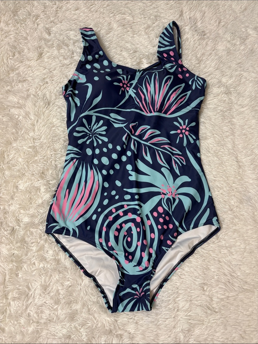 NEW Zando Navy Blue Printed One Piece Swimsuit Criss Cross Back Size M